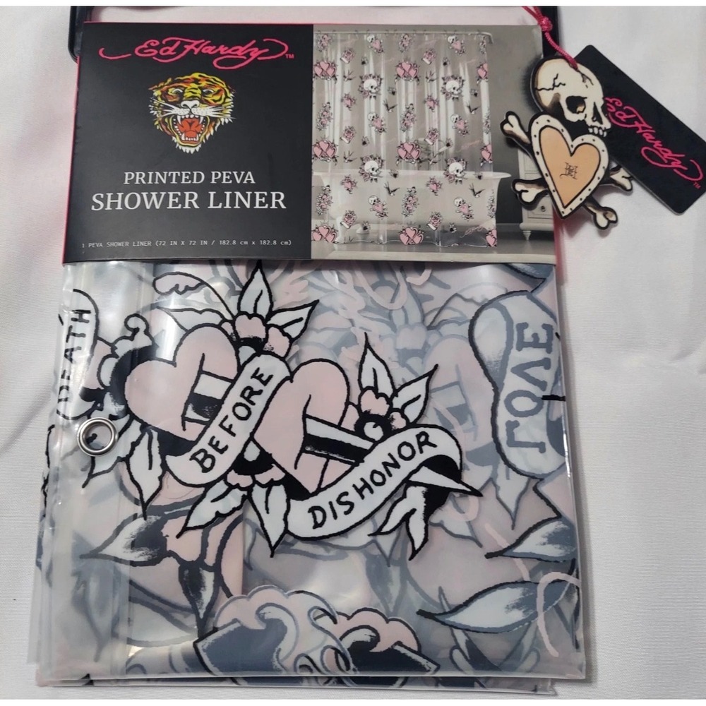 Ed Hardy Love Skull Shower Curtain Liner 72x72 Tattoo Hearts PEVA New Y2K Grunge